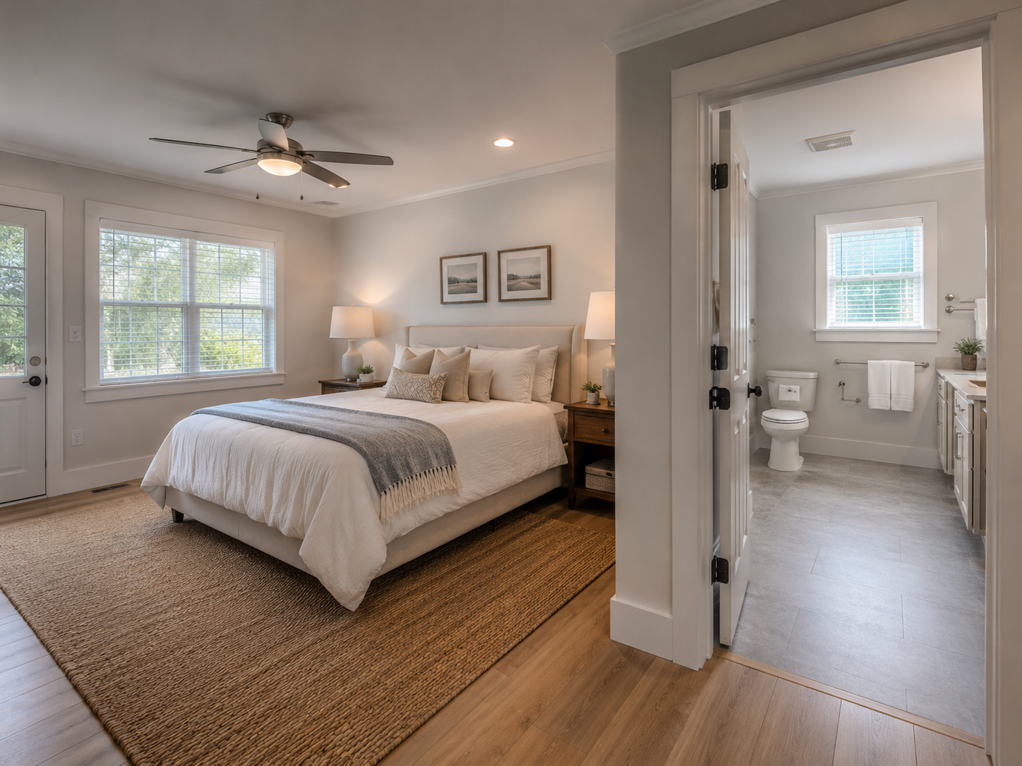 Bedroom and bath interior of an in-law suite ADU with finishes matching the main home, by Forge Construction Group in the Triangle