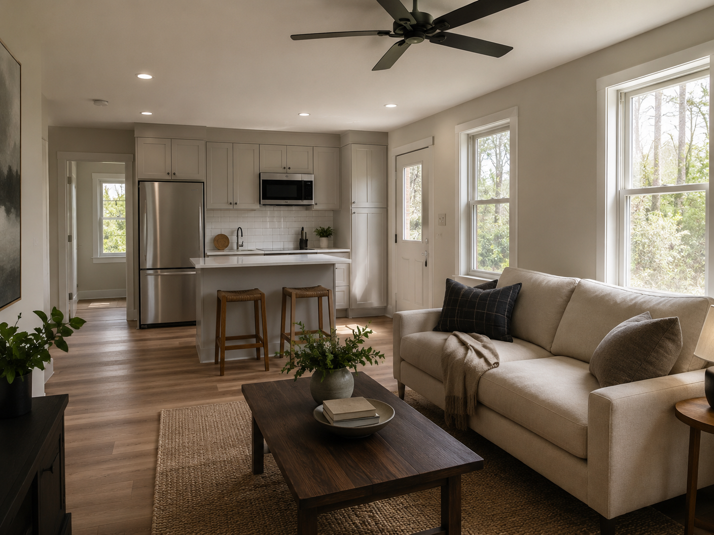 Open living and kitchen interior of an in-law suite ADU in the Triangle, built by Forge Construction Group