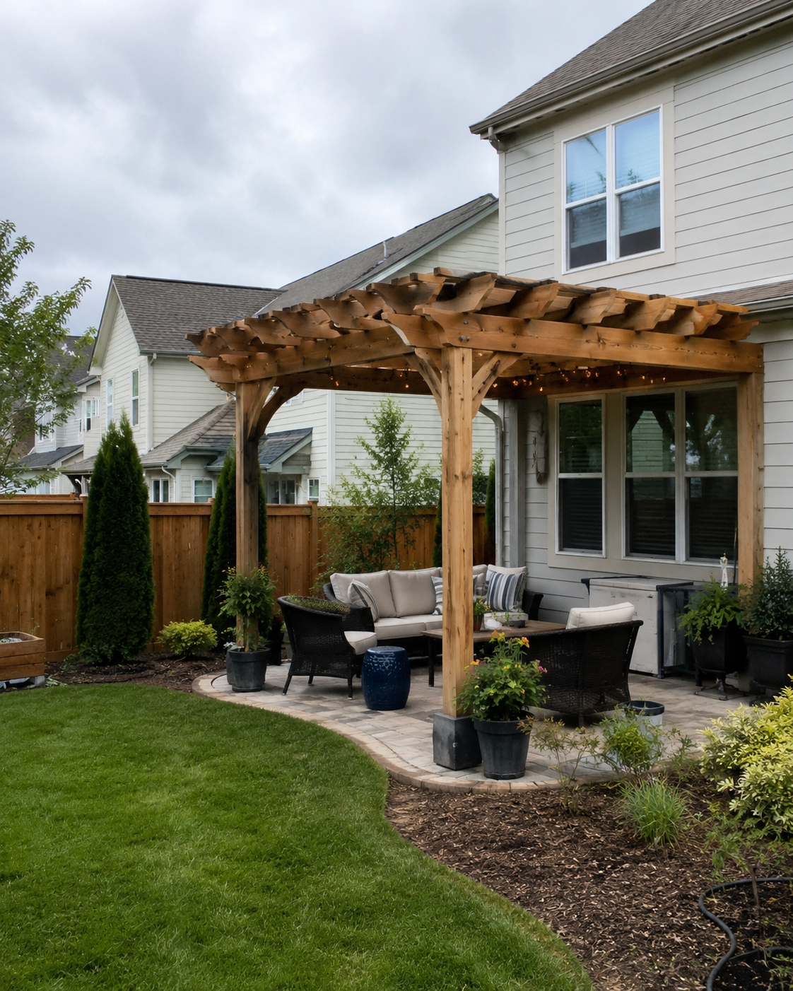 Custom cedar pergola and covered outdoor structure at a Triangle NC home by Forge Construction Group
