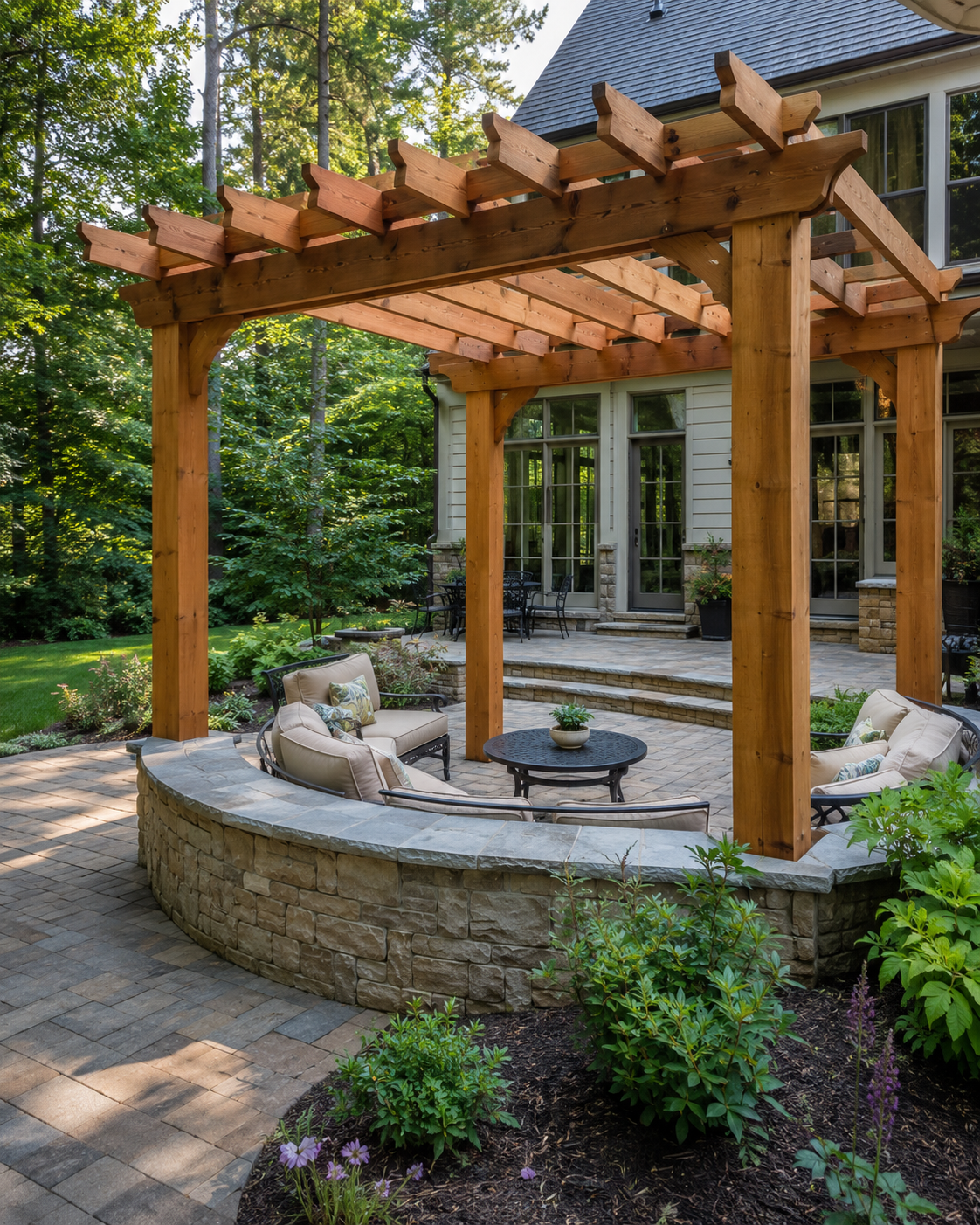 Premium cedar pergola with a stone seating wall in the Triangle NC