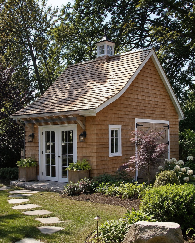 Cedar shake garden building with cupola showing shake siding as an architectural accent in the Triangle NC