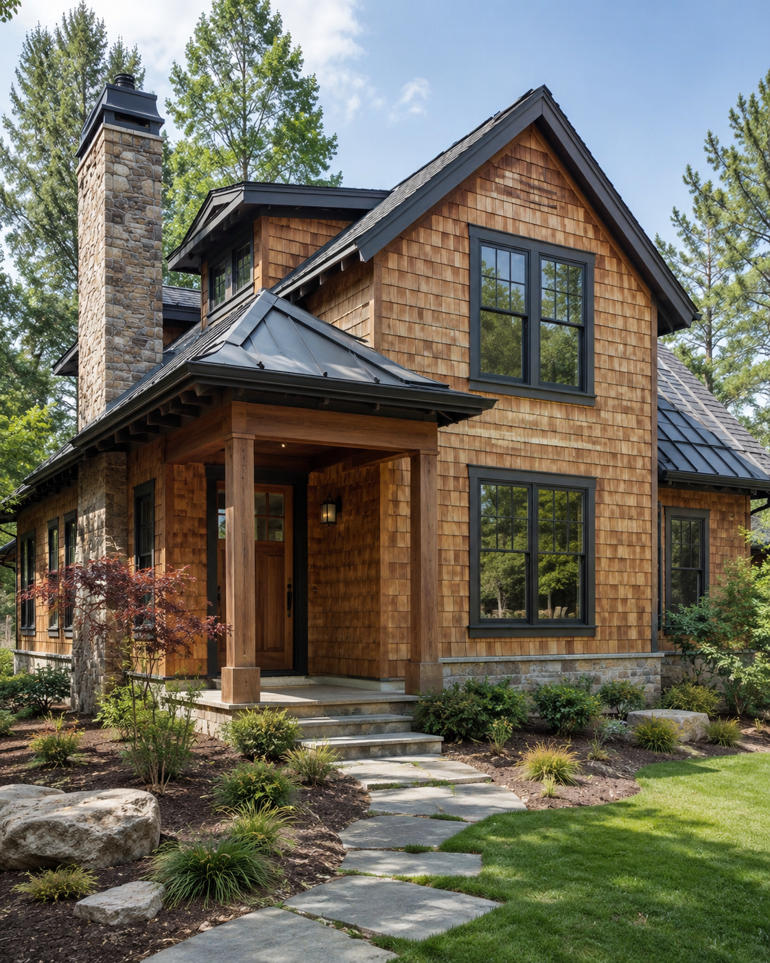 Expertly installed cedar shake siding with stone chimney detail on a Cary NC home