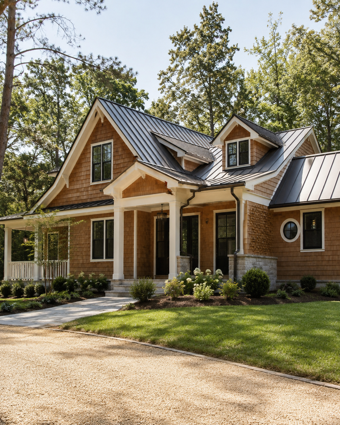 Light cedar shake siding paired with a standing seam metal roof on a Durham NC home