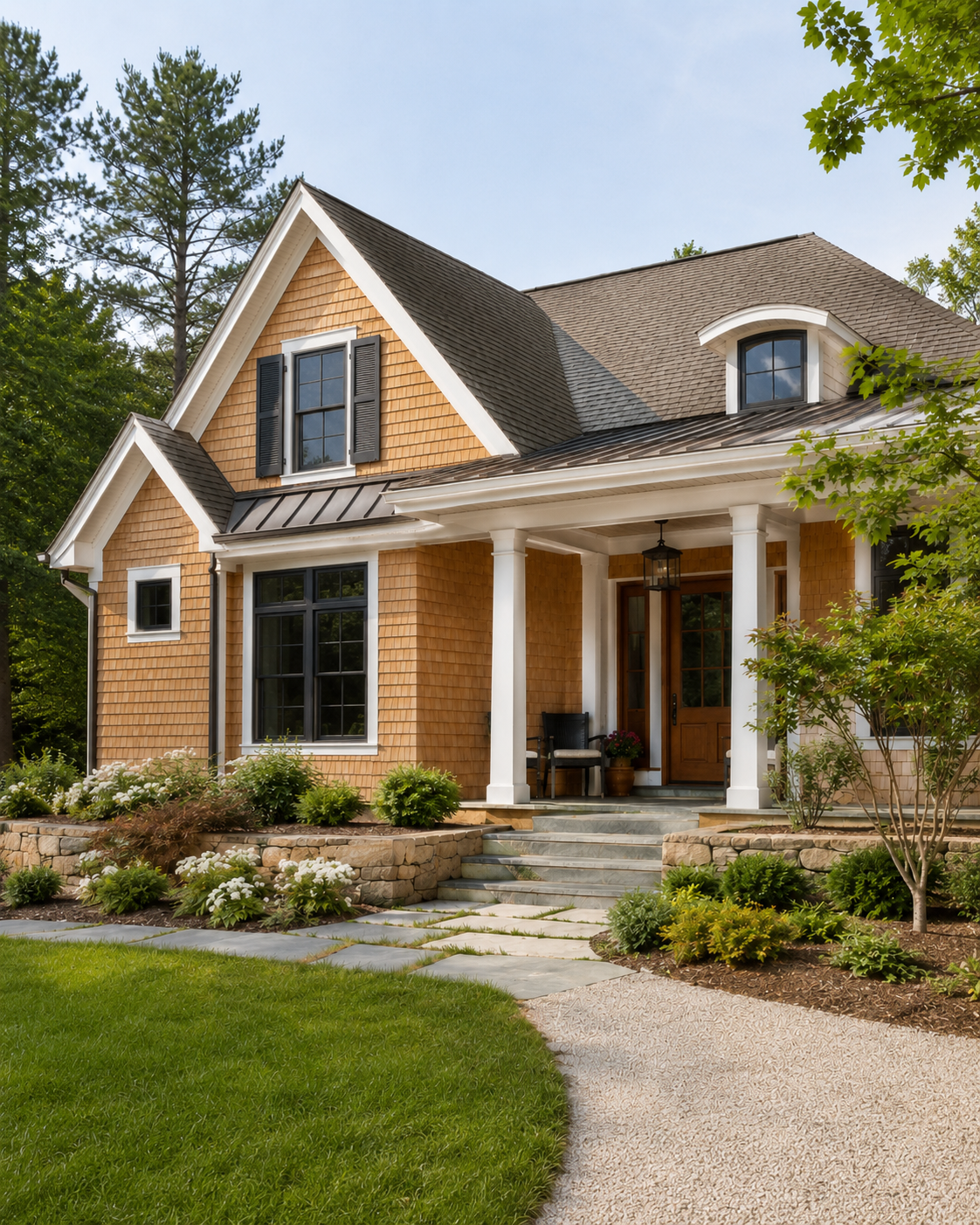 Golden cedar shake siding on a cottage-style home in Raleigh NC