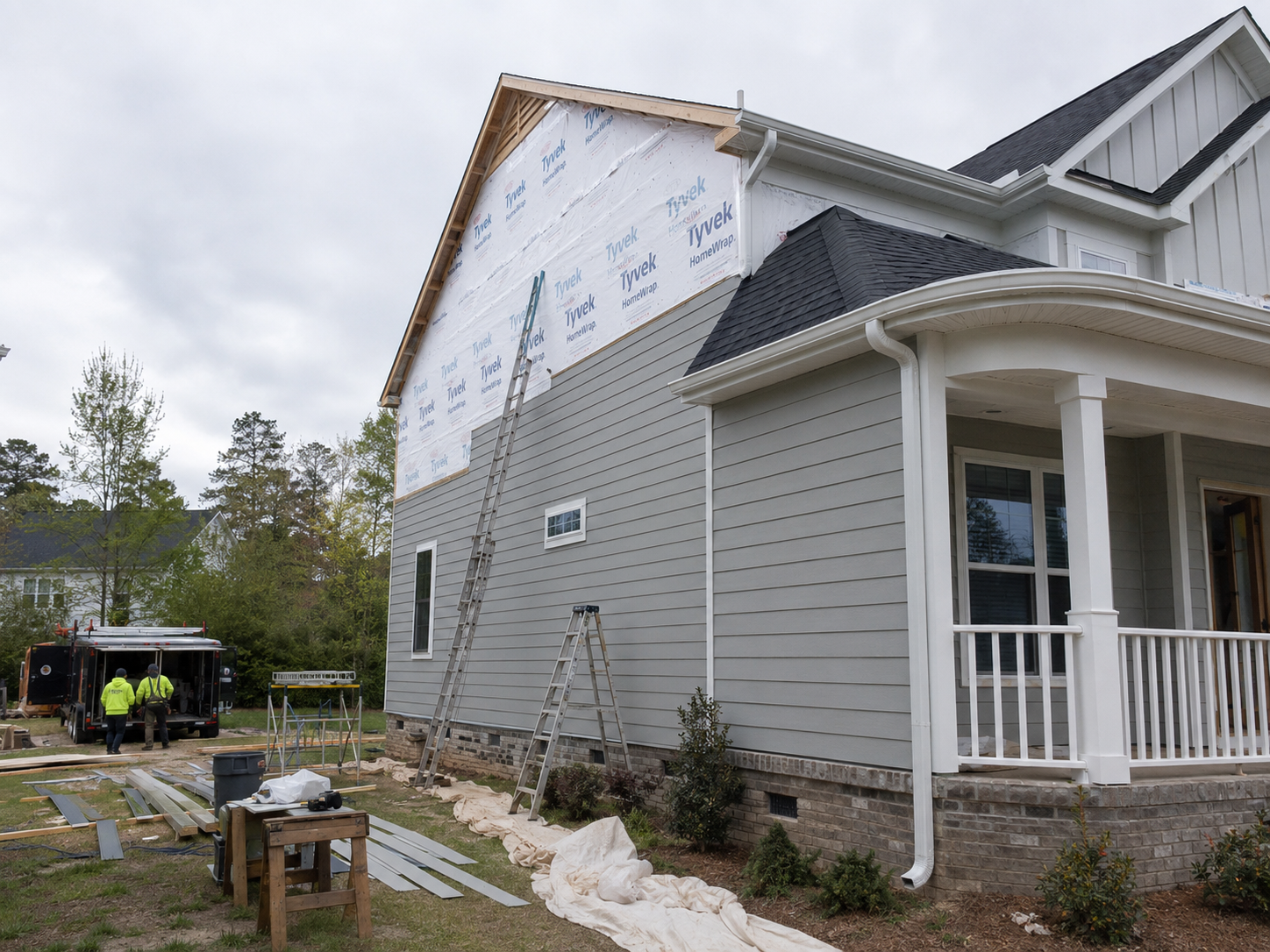 Complete siding replacement in progress with new fiber cement siding on a Raleigh NC home