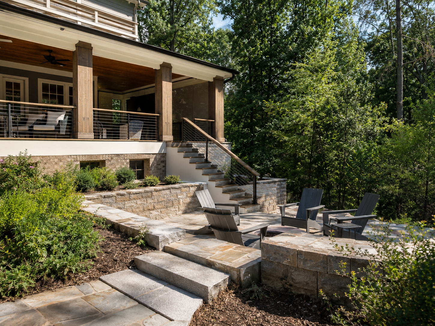Connected covered porch and fire pit patio on a wooded lot in Cary NC