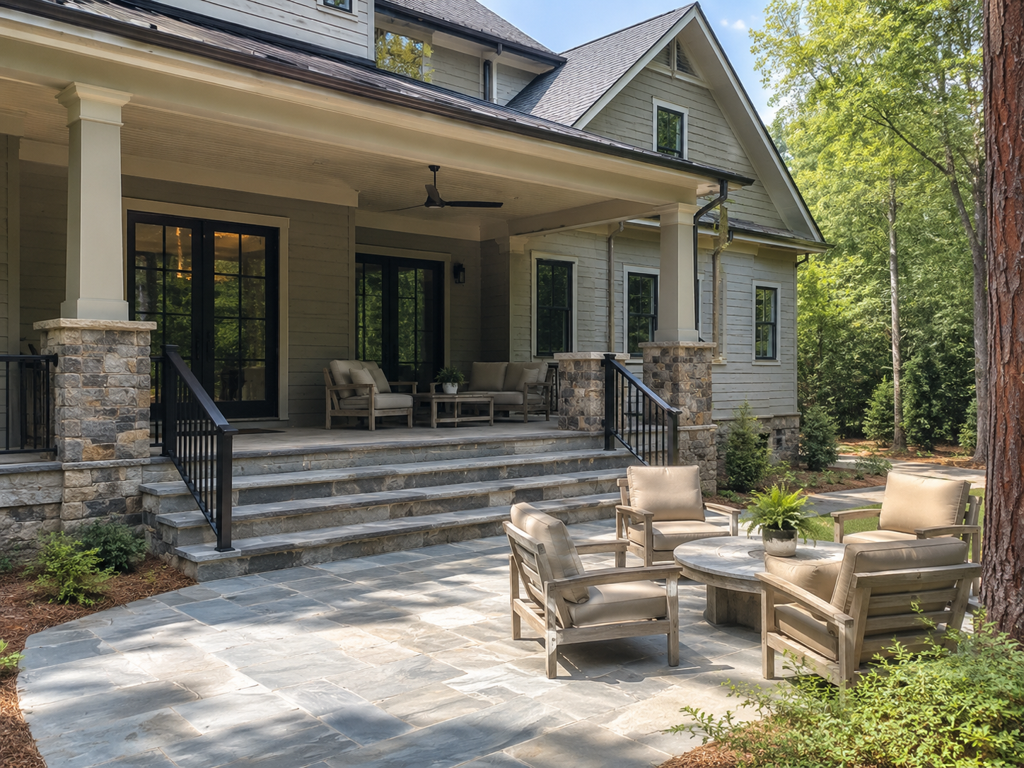 Covered outdoor living area with stone columns and patio seating in the Triangle NC