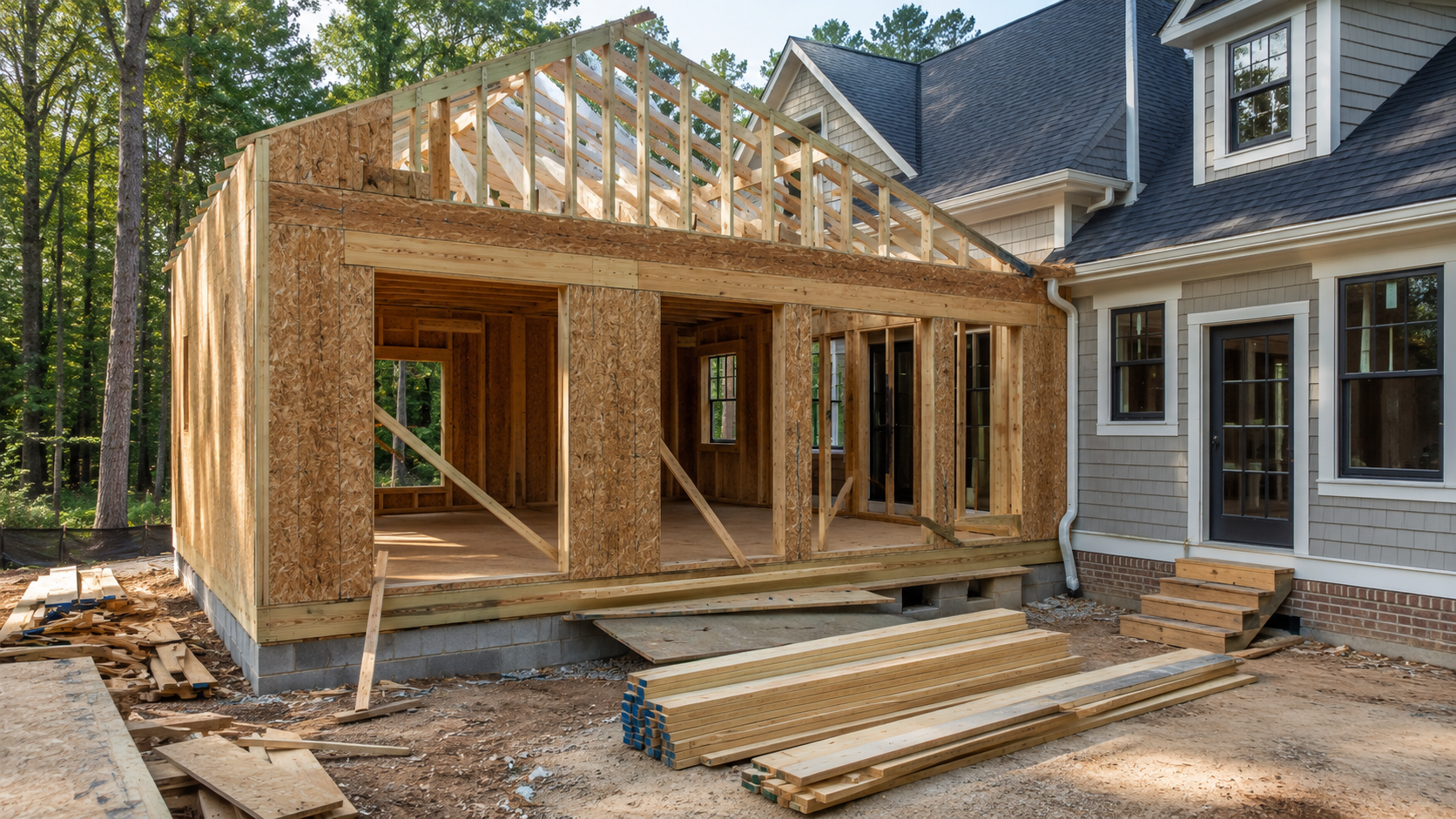 Vaulted great-room interior of a custom home addition with exposed wood beams and a stone fireplace, by Forge Construction Group in the Triangle NC