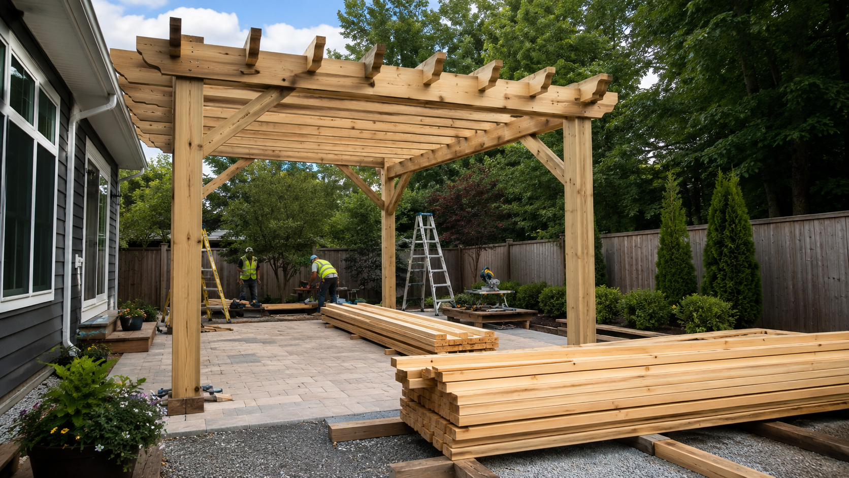 Forge Construction Group crew installing a custom pergola in Raleigh NC