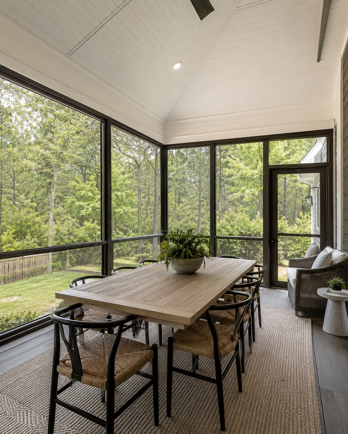 Interior of a custom screened porch with a vaulted white ceiling and dining area overlooking wooded views, by Forge Construction Group in the Triangle NC