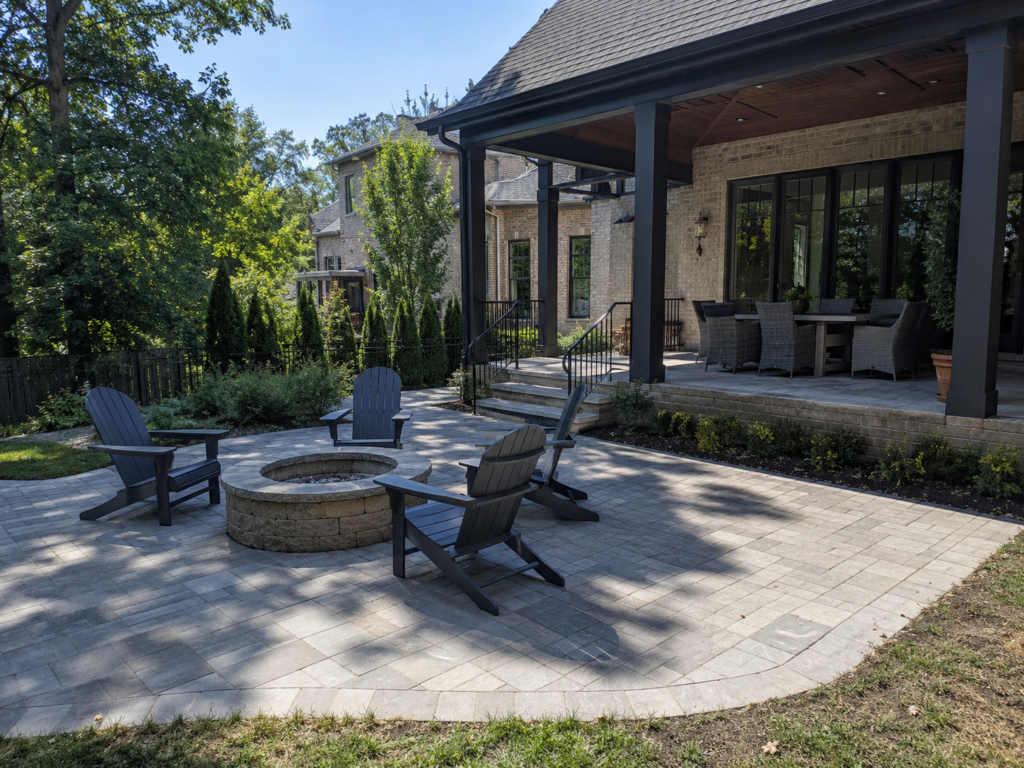 Paver patio with a stone fire pit and lounge seating in the Triangle NC