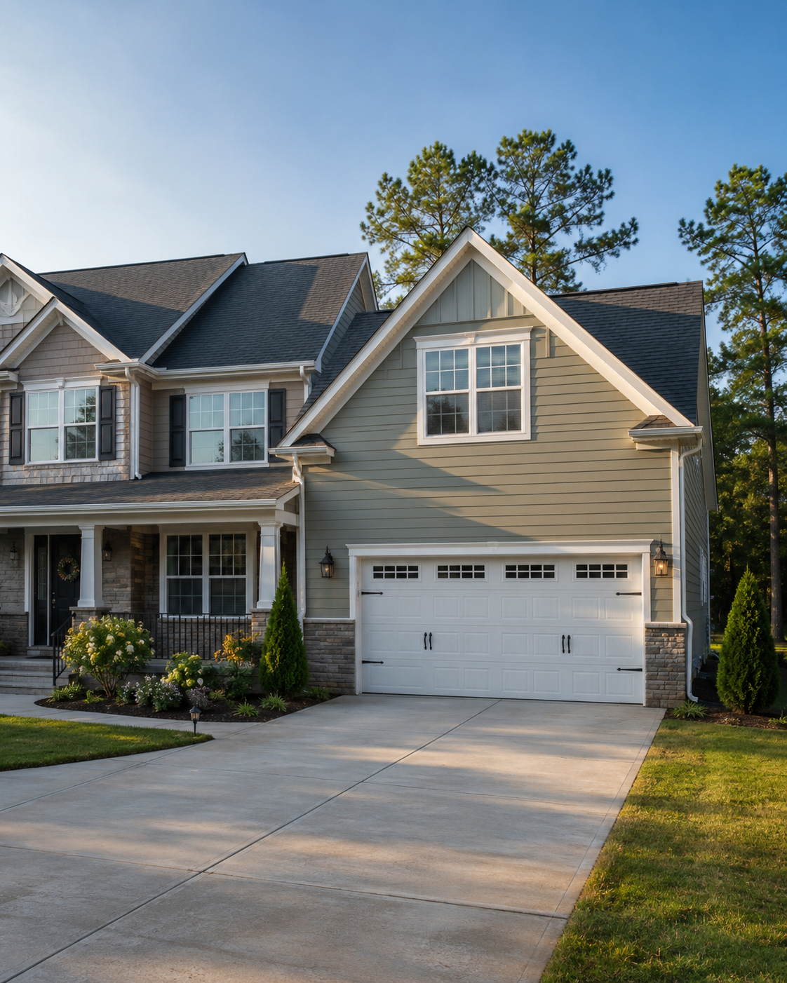 Attached in-law suite addition with board-and-batten siding on an established brick Triangle home by Forge Construction Group