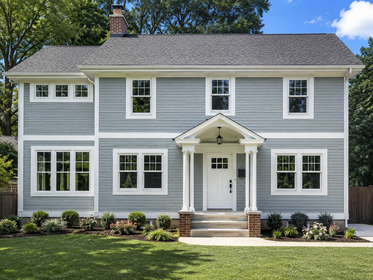 Blue-gray James Hardie lap siding with crisp white trim on a Cary NC colonial
