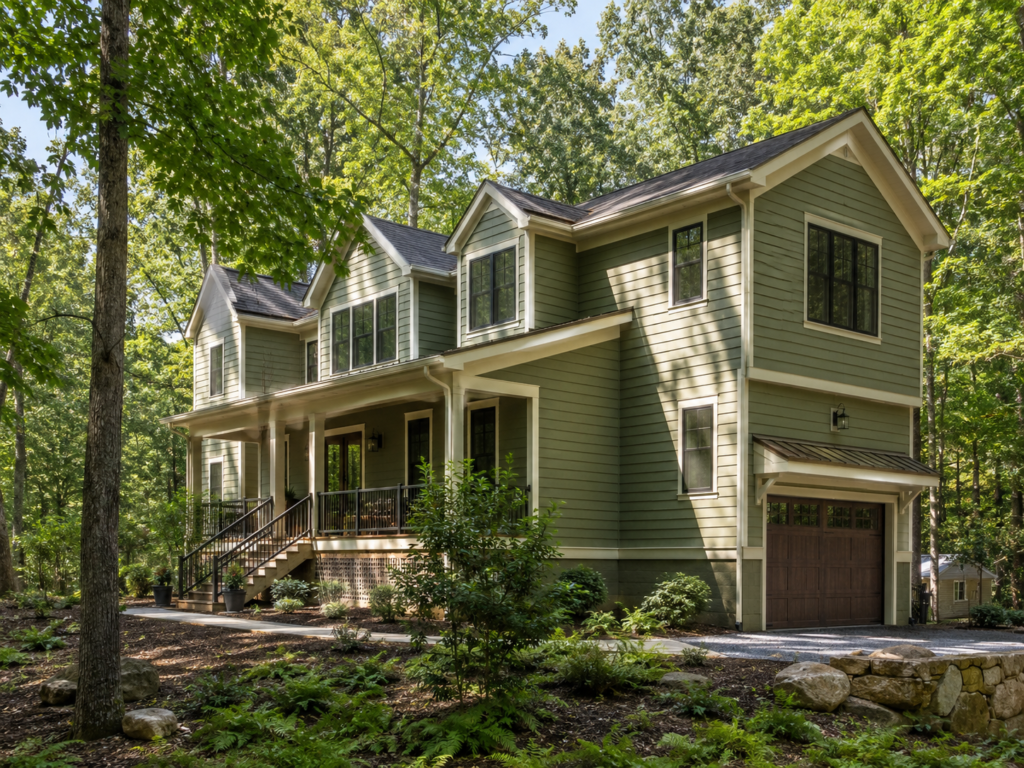LP SmartSide engineered wood siding on a wooded-lot home in Durham NC