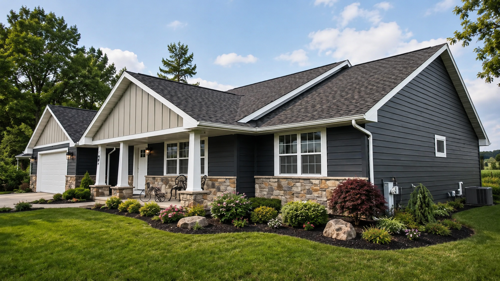 Charcoal LP SmartSide engineered wood siding with stone accents built for Piedmont weather on a Durham NC ranch