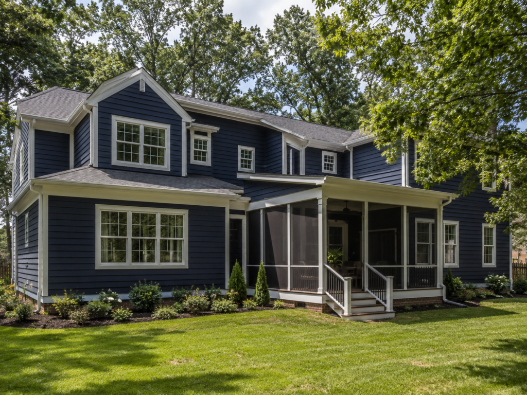 Navy lap siding with fresh white trim on a Triangle NC home