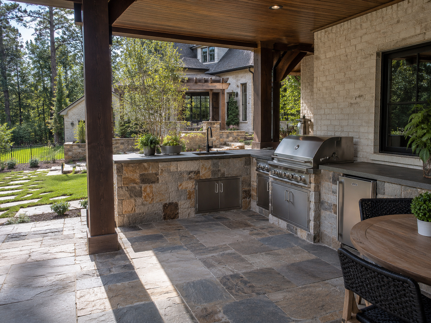 Covered outdoor kitchen with a stone grill island and flagstone patio in the Triangle NC