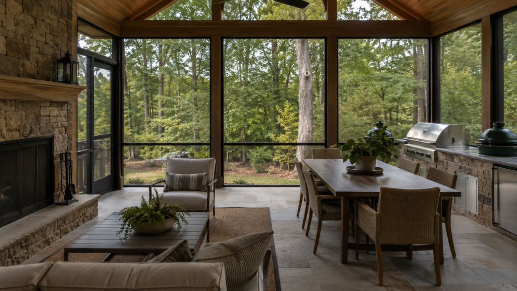 Screened porch outdoor living space with a stone fireplace and built-in outdoor kitchen, by Forge Construction Group in the Triangle NC