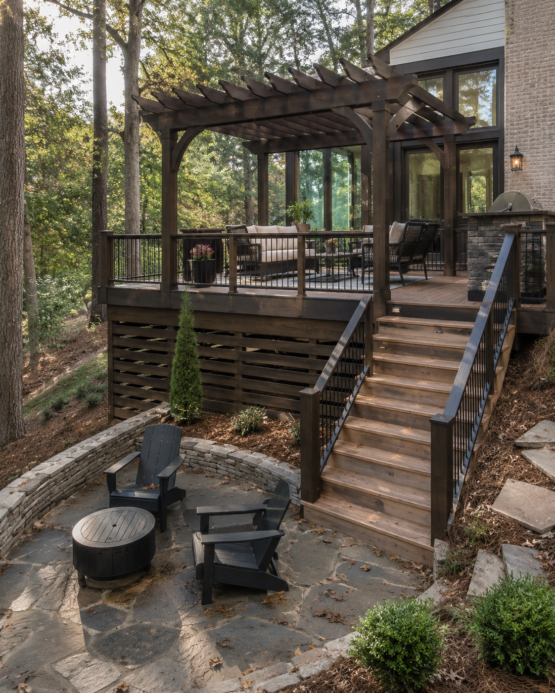 Pergola integrated with a deck and outdoor living space in Durham NC