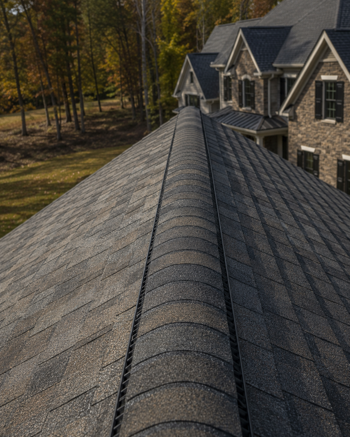 Close-up of a precisely installed architectural shingle roof and ridge line on a Triangle home, by Forge Construction Group