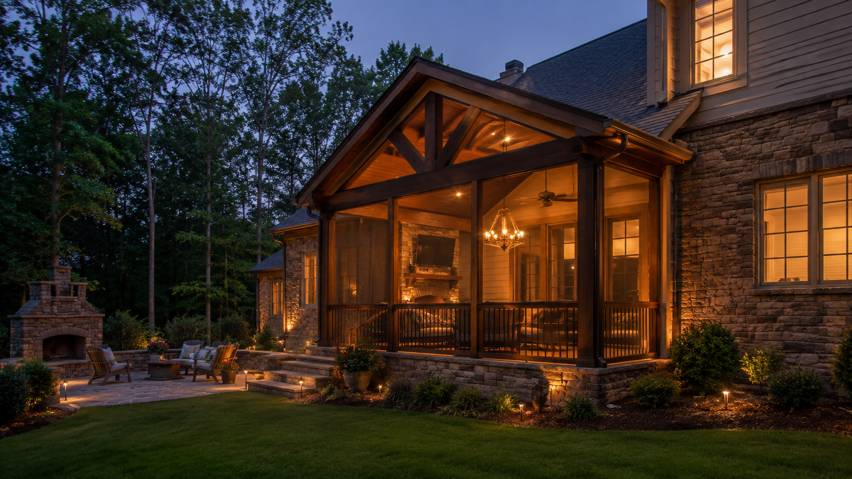 Premium timber-frame screened porch lit at dusk with an outdoor fireplace and landscape lighting, by Forge Construction Group in the Triangle NC