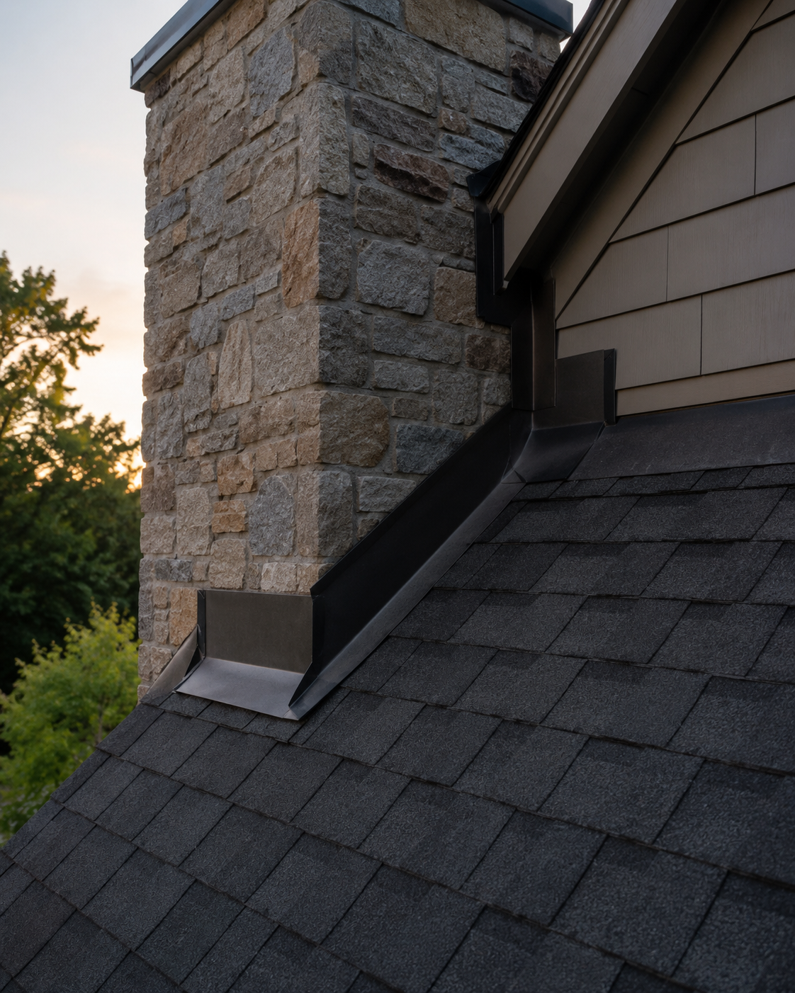 Precise metal chimney flashing on a shingle roof protecting a Triangle home from water intrusion, by Forge Construction Group