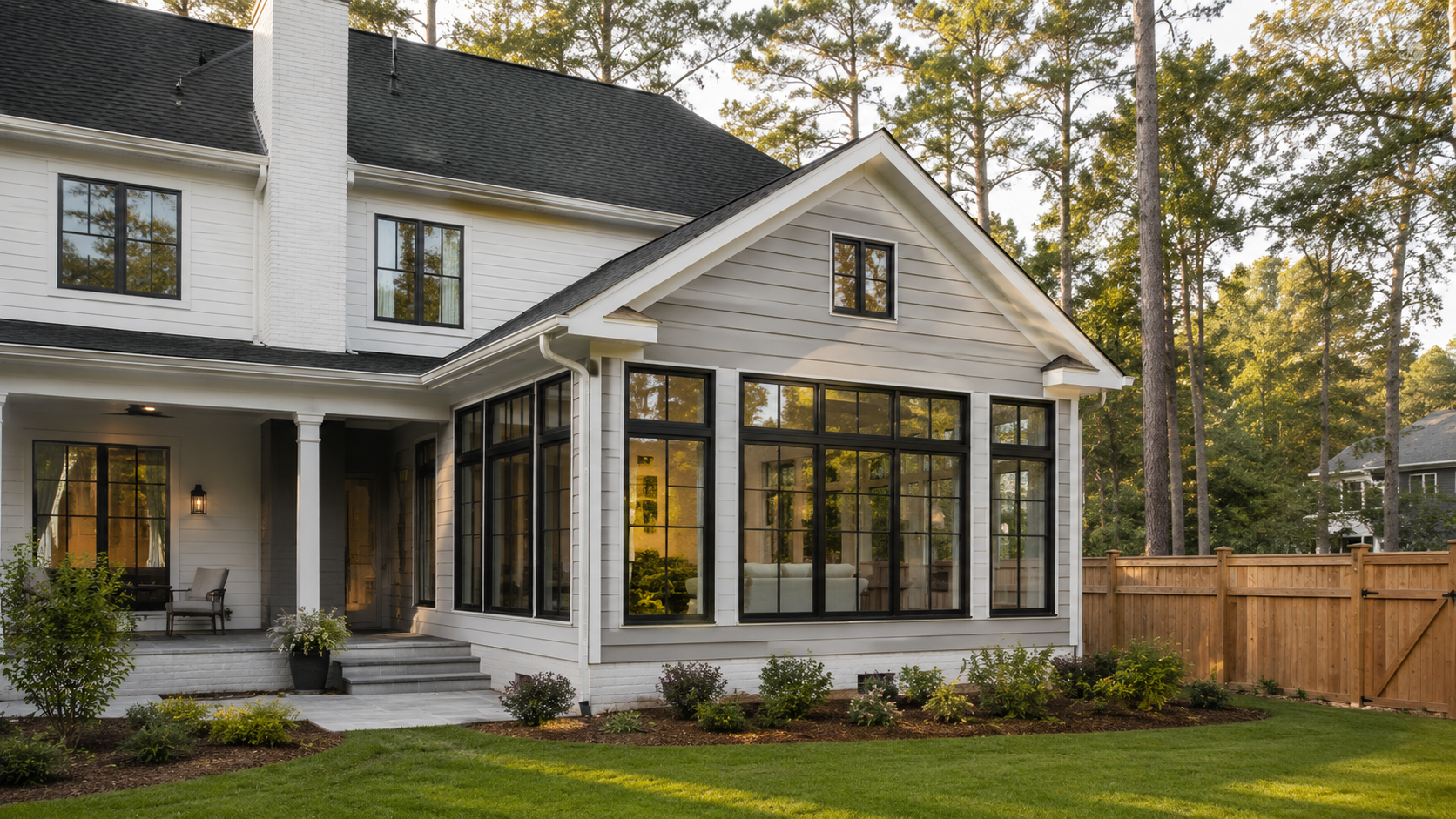 Custom room addition with black-framed windows extending an established Triangle home, by Forge Construction Group