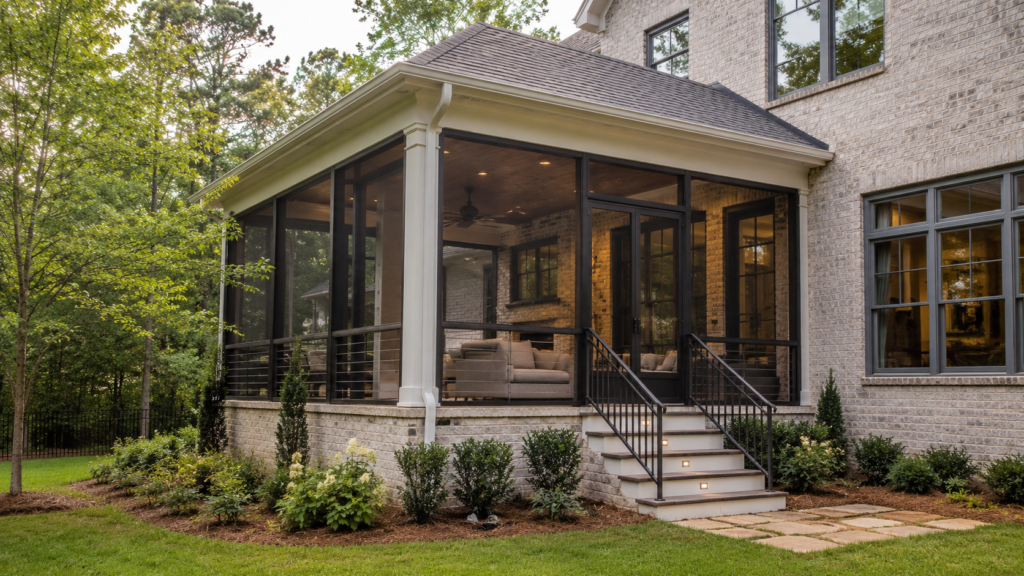 Custom screened porch addition with black screens and a stone base on a Triangle home, built by Forge Construction Group
