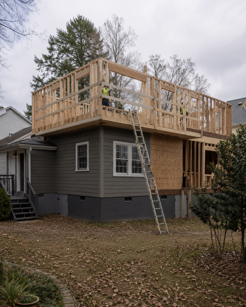 Second-story addition under construction on an existing Triangle home, weather-protected by Forge Construction Group