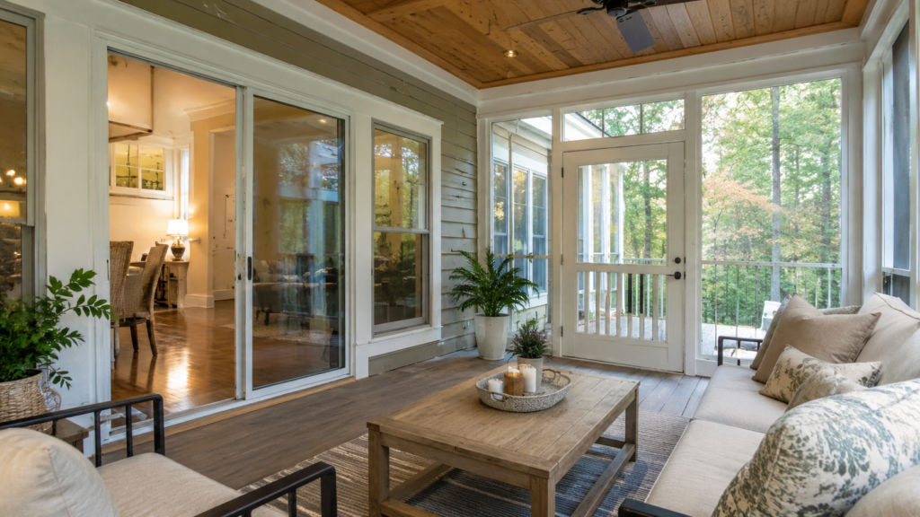 Comfortable, furnished three-season room interior in the Triangle NC