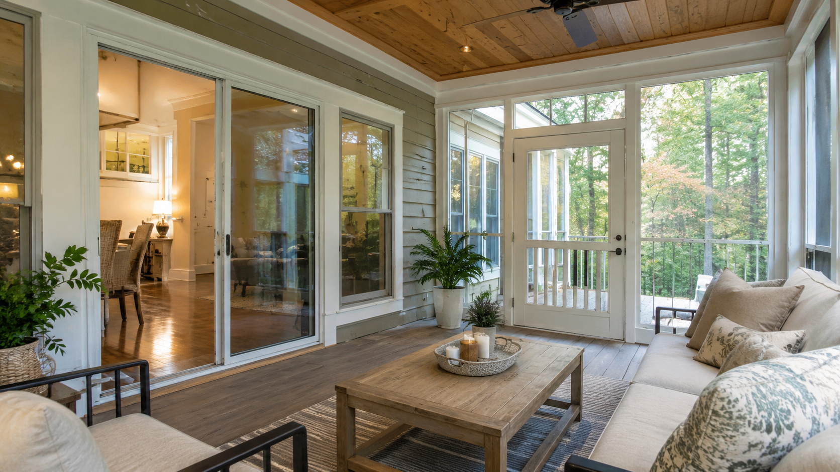 Comfortable, furnished three-season room interior in the Triangle NC