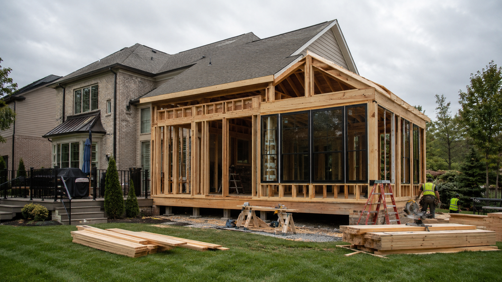 Forge Construction Group crew framing a three-season room addition in Raleigh NC