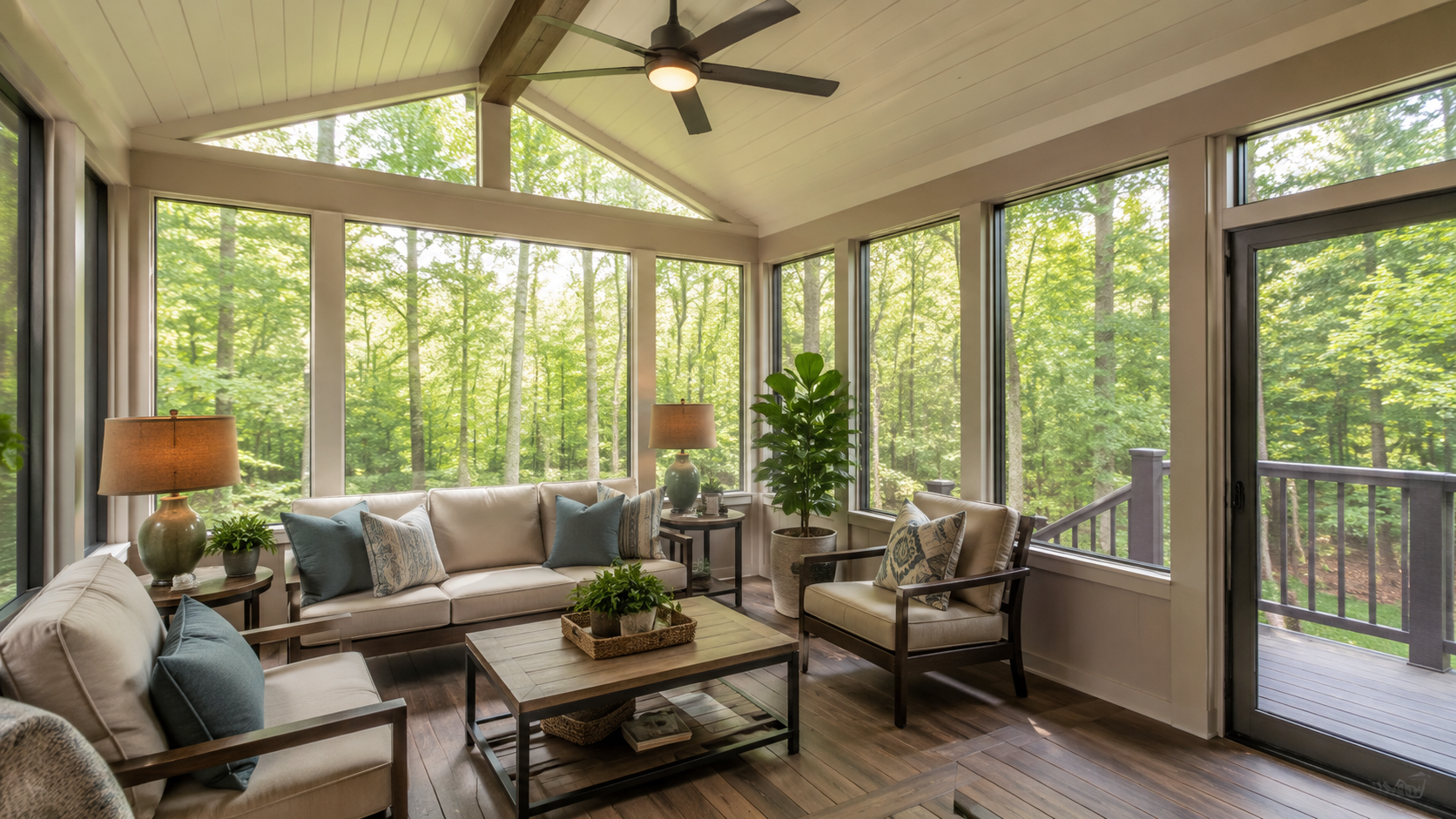 Interior of a bright three-season room with forest views in Cary NC