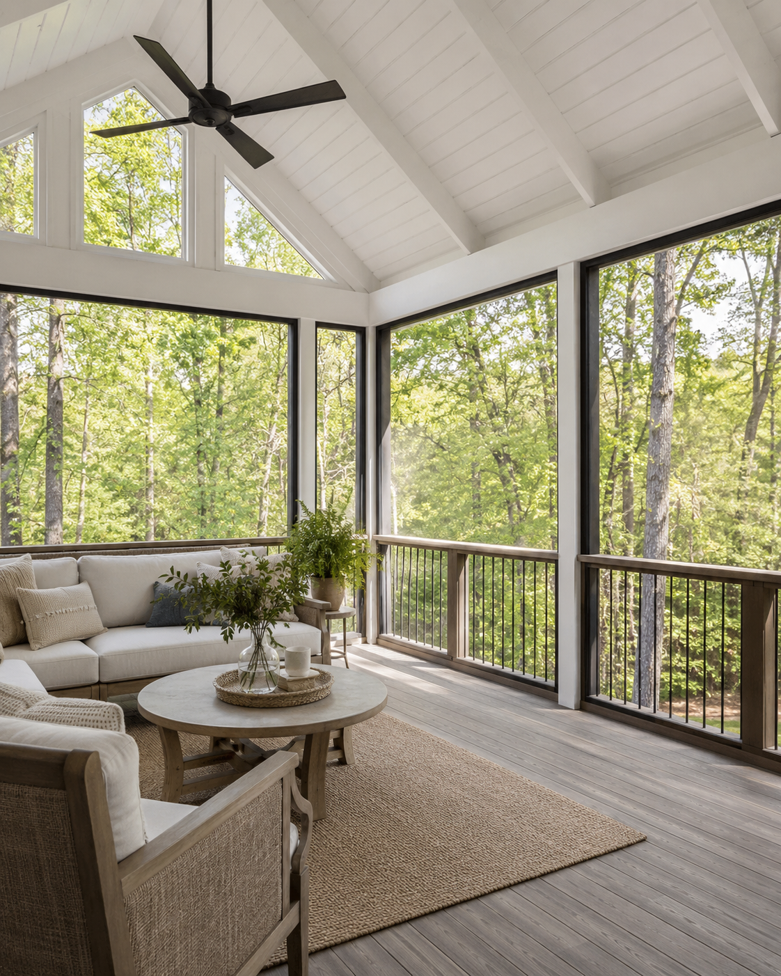 Bright three-season room with a vaulted ceiling and comfortable seating overlooking the trees, by Forge Construction Group in the Triangle NC