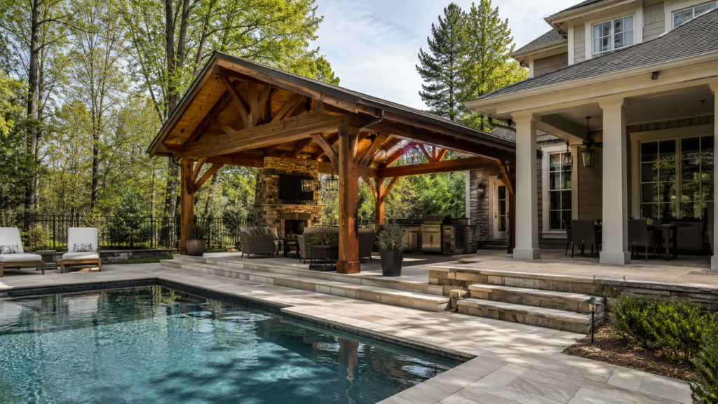 Timber-frame pergola showing detailed craftsmanship and joinery in Raleigh NC