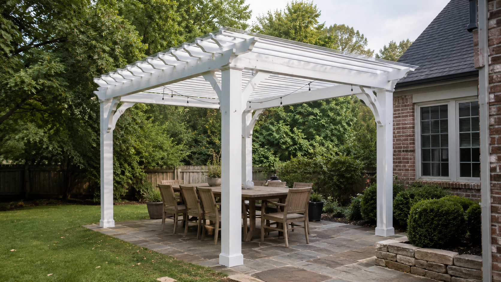White pergola over an outdoor dining patio in Cary NC